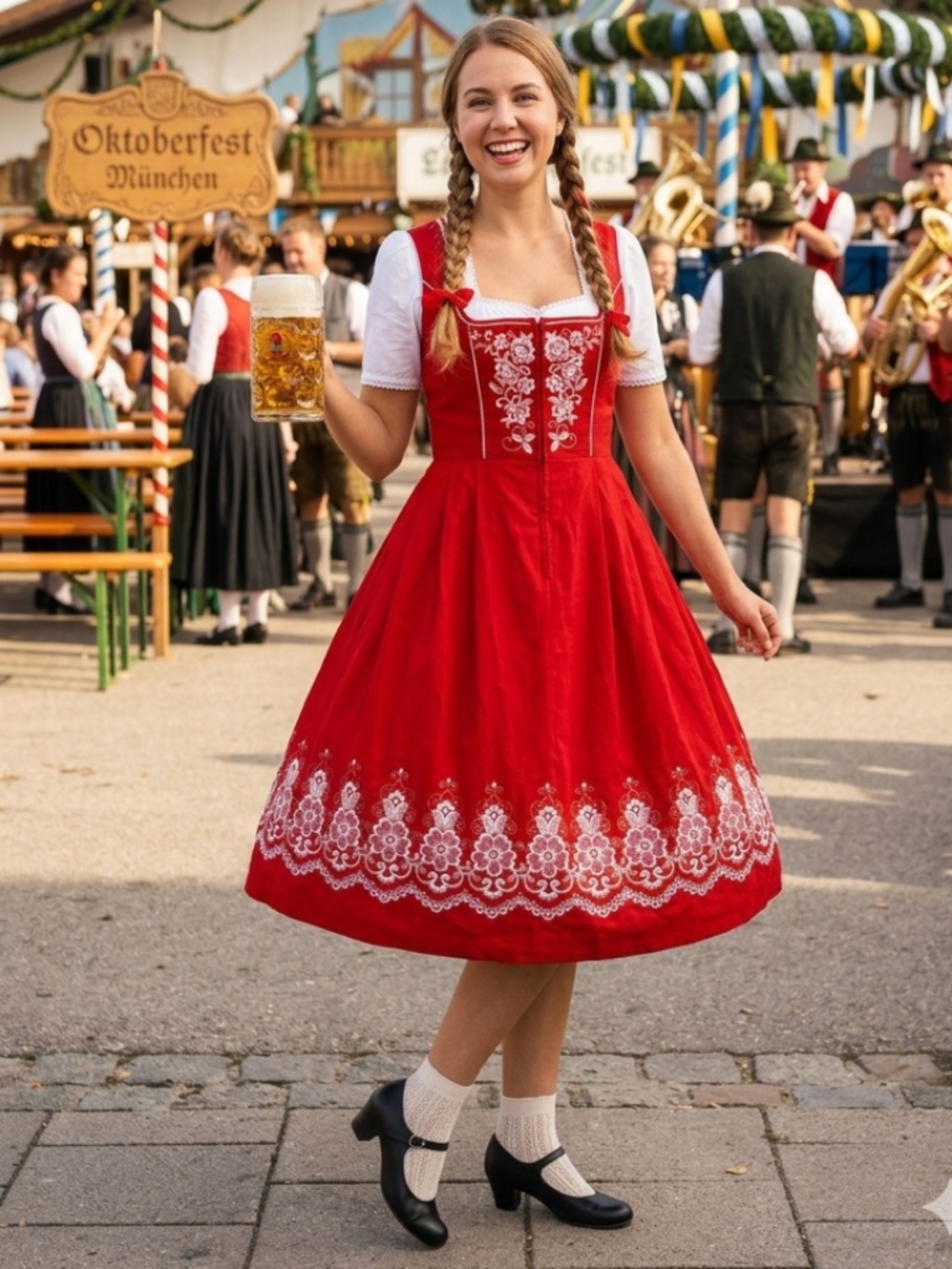 Vintage Salzburger Trachten Red Embroidered Dirndl Dress (XL)